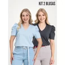 KIT 2 PEÇAS CAMISETA FEMININA DE ALGODÃO MANGA BUFANTE DECOTE V ALICE GRAFITE E AZUL CLARO