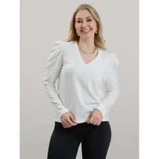 Blusa Feminina em Algodão Premium Decote V Manga Longa Bufante Elisa Off White Frio Inverno Estilosa