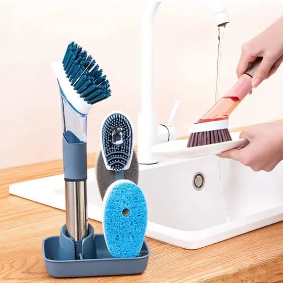 Conjunto de Escova de Limpeza de Cozinha com Dispensador de Sabão e 4 Cabeças de Substituição Alta Qualidade