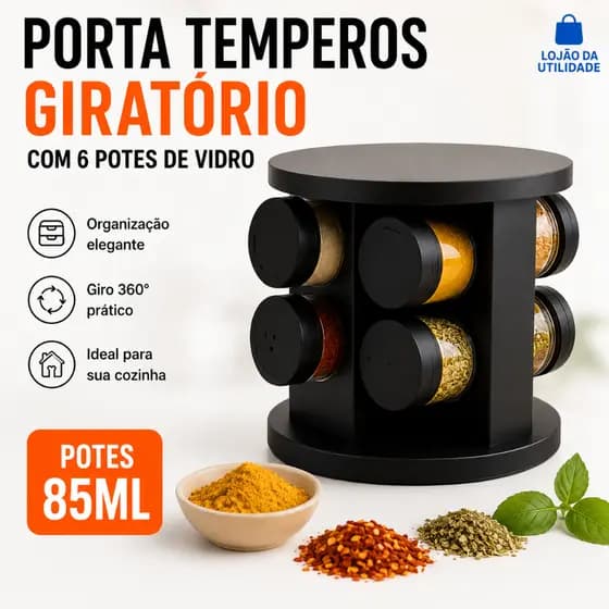 Porta Tempero e Condimentos Giratório Belovidro com 6 Potes – Organizador de Temperos 85ml