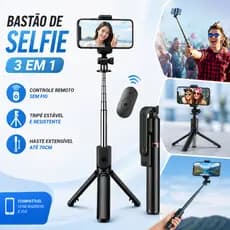 Tripé "Pau de Selfie" Bluetooth 3 em 1 com Luz LED Controle Remoto Universal