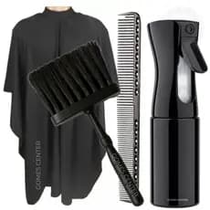 Kit Barbeiro Profissional Completo – Capa de Corte + Borrifador Névoa Contínua + Espanador Fígaro + Pente