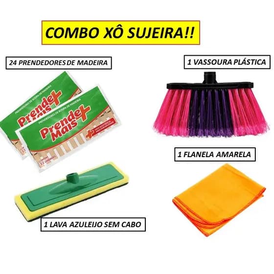 Combo : 24 Prendedores de Madeira +1Vassoura Simples Plástica S/ Cabo +1 Lava Azulejo+1 Flanela Lara