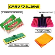 Combo : 24 Prendedores de Madeira +1Vassoura Simples Plástica S/ Cabo +1 Lava Azulejo+1 Flanela Lara
