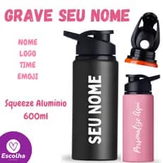 Garrafa de Água Personalizada Alumínio 600ml Alça e Tampa Protetora P/ Boca