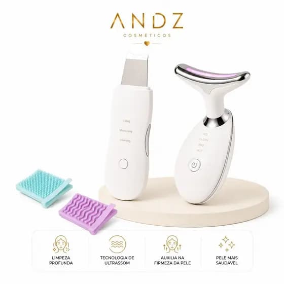 Kit Skin Care Espátula Ultrassônica + Massageador Facial LED Lift Limpeza Facial