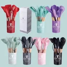 Kit 12 Utensílios De Cozinha Em Silicone E Cabo De Madeira