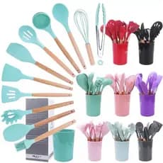 Kit 12 Pçs Utensílios De Cozinha Em Silicone Cabo Madeira
