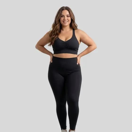 Conjunto Plus Size Academia Fitness Legging Modeladora Cintura Alta + Top Franzido Suplex Feminino