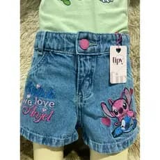 shorts jeans feminina bordado Stich e angel. (skai gel)