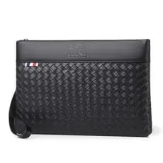 Bolsa de mão masculina de couro para negócios, carteira longa com padrão trançado elegante.