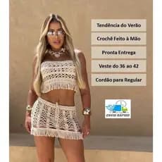 Conjunto Saída de Praia Saia + Top de Crochê com Franja Feito à Mão Tomara que Caia saida croche