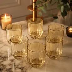 Jogo de Copos Baixos de Vidro Diamond Dourado 6 Peças para Mesa Posta Drink Água Suco Luxo