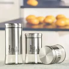 Conjunto Potes Vidro 3 Peças Tampa Metálica Prata Cozinha Mantimentos Café Açúcar Chá