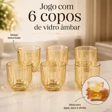 Jogo 6 Copos Vidro Baixo Diamond Detalhe Dourado 300ml Whisky Água Suco Mesa Posta