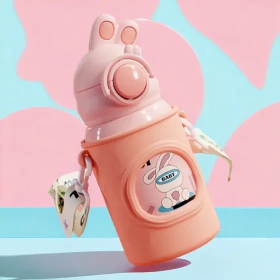 Garrafa Térmica Infantil Canudo 500ml Quente ou Frio Tema Coelhinhos Com Alça e Trava de Segurança