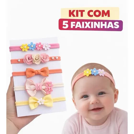 Kit 5 Lacinhos de Bebê Faixinha RN Menina Laço Para Bebe Tiara Recém Nascida  Menina