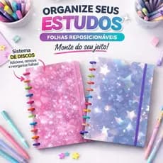 Caderno de Disco A4 11 Discos Capa Dura Glitter Estrela 80 Folhas Reposicionáveis Grande Escolar Volta às Aulas