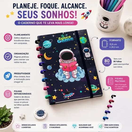 Caderno de Disco Capa Dura Anotações A5 Pautado Astronauta Infantil 80 Folhas 16cmx21cm Planetas