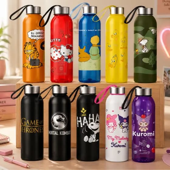 Garrafinha de Água Squeeze Tampa Inox e Alça 800ml Personagens