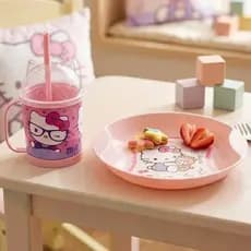 Kit Refeição Prato Tigela Decorado Infantil E Caneca Copo Com Tampa Canudo E Alça Hello Kitty Kuromi