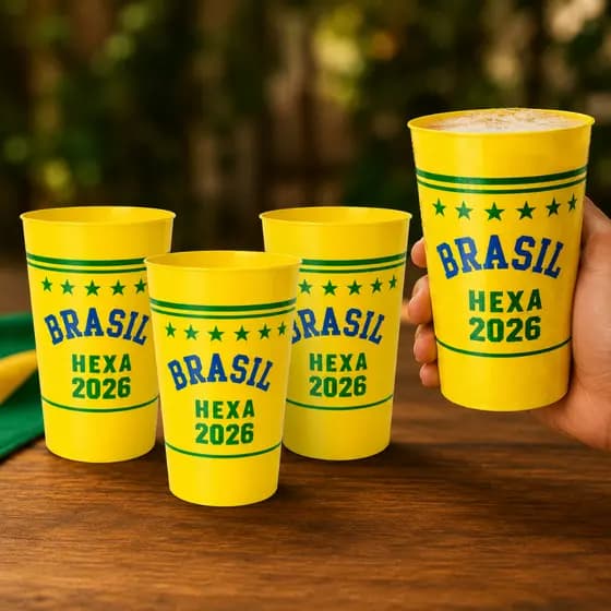 Kit Copos Plástico Hexa Brasil 2026 Futebol 750ml Copa Do Mundo Festa Comemoração