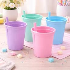 Copo Com Canudo Fixo 330ml Sem Tampa Infantil Resistente Para Crianças Menino Menina Plasútil Cores