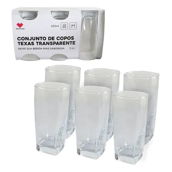 Conjunto Kit 06 Copos de Vidro Jogo de Copo Resistente Agua Suco Vitamina Refri Liso Quadrado Forte