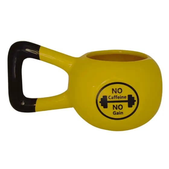 Caneca 3D Kettlebell Peso Academia Halteres Amarelo Cerâmica Brilhante Esmaltada Exótica Divertida