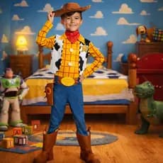 Fantasia Infantil Woody Toy Story Xerife Cowboy Com Bandana Colete Calça Camiseta Cinto Festas