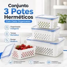 Kit 3 Potes Herméticos com Cesto Organizador Branco para Geladeira | Organizador de Cozinha com Tampa Vedada