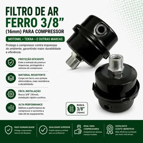KIT 02 FILTROS EM AÇO 3/8 COM ELEMENTO FILTRANTE PARA COMPRESSOR DE AR
