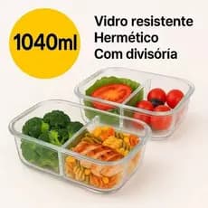 Kit 2 Potes Hermético Retangular Com Divisória Vidro Conservação Alimentos 1040ml