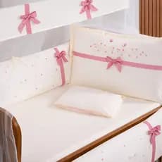 Kit Berço Menina 10 Peças Completo Enxoval Bebê Rose Laço Protetor Berço Algodão