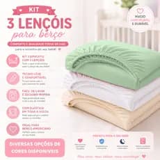 Kit Lençol Berço Americano com Elástico 100% Algodão 1,38x76 Macio 3 Peças Bebê Menino Menina