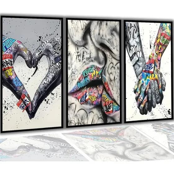 Kit 3 Quadros Decorativos Street Art Grafite Arte Abstrata Mosaico Sala Quarto Escritório