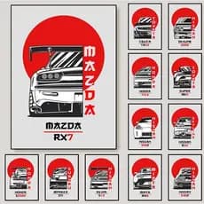 Quadro Decorativo Japão Carro Skyline R34 GTR Mazda RX7 Mosaico Sala Quarto Escritório