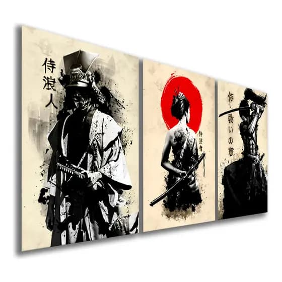 Kit 3 Quadros Decorativos Japonês Samurai Japão Mosaico Sala Quarto Escritório