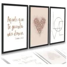 Kit 3 Quadros Decorativos Vinílicos Frase Positiva Coração Love Mosaico Sala Quarto Escritório