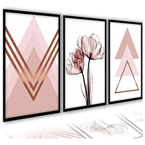 Kit 3 Quadros Decorativos Vinílicos Flor Geométrica Rosa Mosaico Para Sala Quarto Escritório Hall