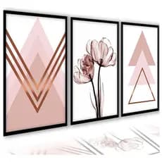 Kit 3 Quadros Decorativos Vinílicos Flor Geométrica Rosa Mosaico Para Sala Quarto Escritório Hall