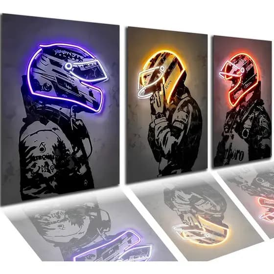 Kit 3 Quadros Decorativos Mosaico Vinílicos Neon Motociclista Moto Para Sala Quarto Escritório Hall