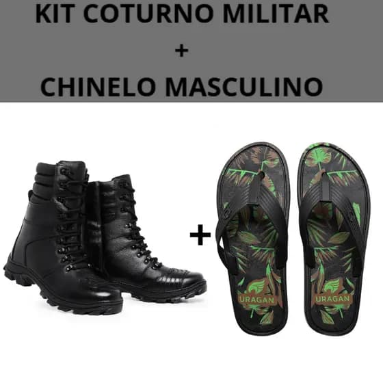 Kit Bota Coturno Masculino Couro Cano Médio + Chinelo Masculino Borracha Antiderrapante Macio