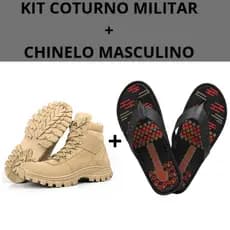 Kit Bota Coturno Militar Masculino Areia Couro + Chinelo Masculino Antiderrapante Borracha Promoção