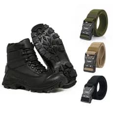 Kit Bota Coturno Couro Legítimo Militar + Cinto Masculino Tático Estiloso Versátil Confortável
