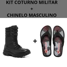 Bota Coturno Militar Masculino Cano Alto Couro + Chinelo Masculino Borracha Antiderrapante Leve