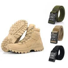 Kit Bota Coturno Militar Couro Legítimo Areia + Cinto Masculino Tático Confortável Versátil Estiloso