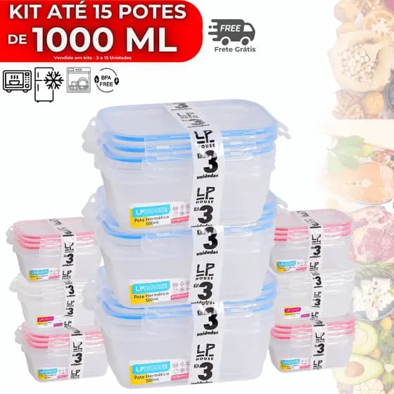 Kit até 15 Potes 1000ml Hermético Pote Com Tampa 4 Travas Alta Vedação Não Vaza Marmitas Fitness