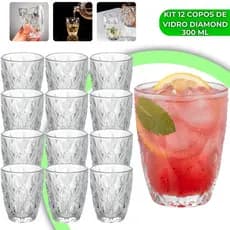 Jogo 12 Copos Diamond 300ml Vidro Grosso Diamante Luxo Resistente Transparente Elegante Moderno