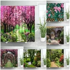 Cortinas De Chuveiro Paisagismo Rural Primavera Conjunto De Flores Rosa Floresta Natural Floral Verde Cenário Vegetal